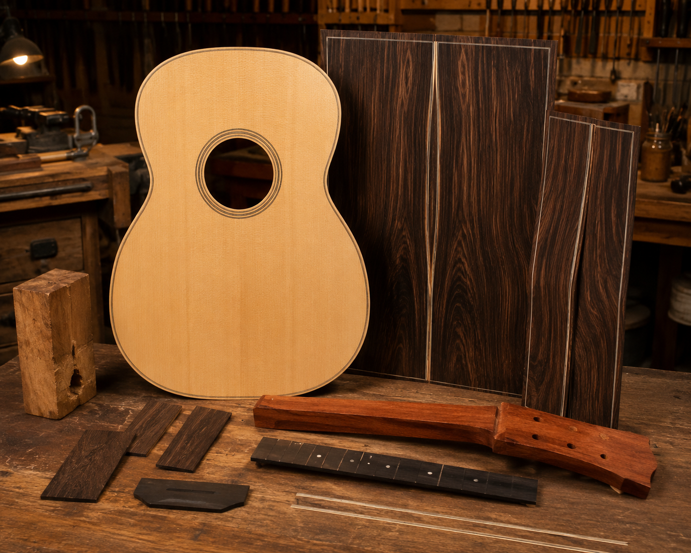 Acoustic guitar tonewoods including spruce top, rosewood back and sides and mahogany neck blank for luthiers