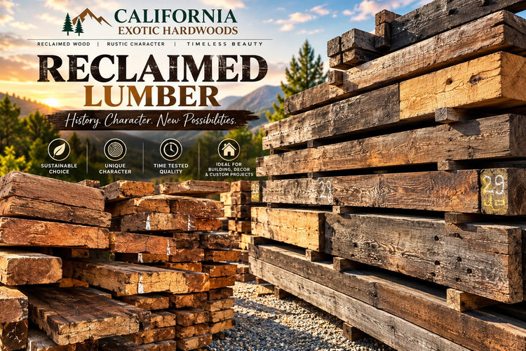 "A stack of reclaimed timber beams and rustic wooden planks with weathered surfaces and natural grain from California Exotic Hardwoods."
