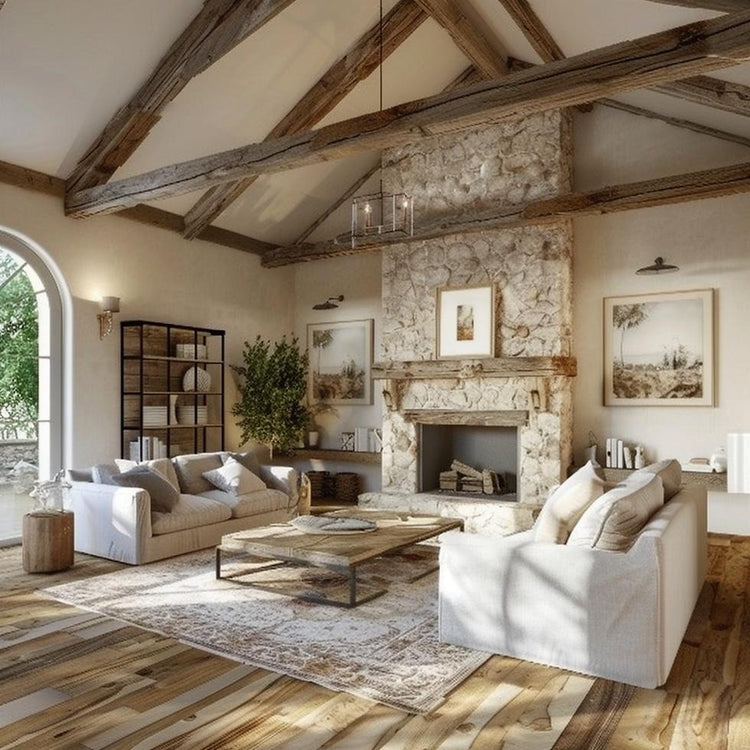 Reclaimed wood ceiling beams and rustic French oak fireplace mantel in a warm living room interior.