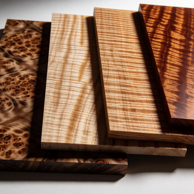 Figured wood samples showing burl, curly maple, quilted maple and flame wood grain patterns side by side