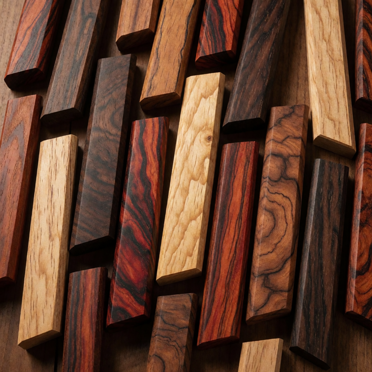 Exotic hardwood knife handle blanks including cocobolo, ironwood and stabilized wood in various grain patterns