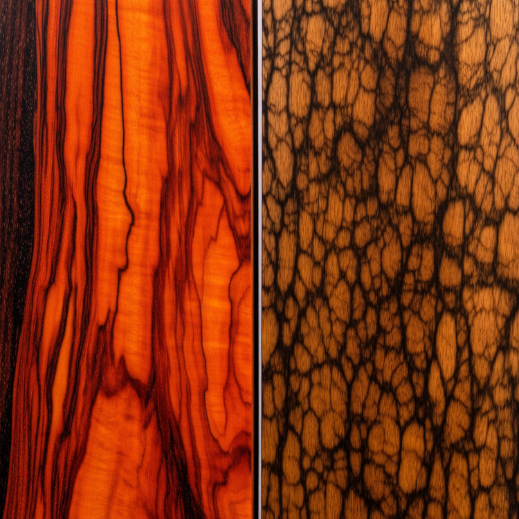 Cocobolo wood with red orange grain pattern compared to ziricote with dark spider web grain side by side