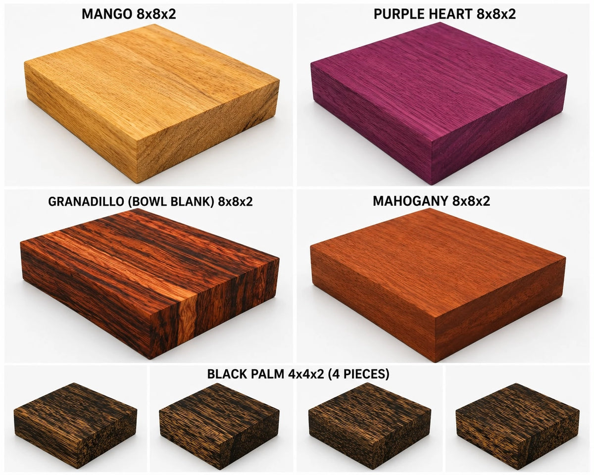Exotic Hardwood Bowl Blank Combo Pack: Mango, Purpleheart, Granadillo, Mahogany, Black Palm