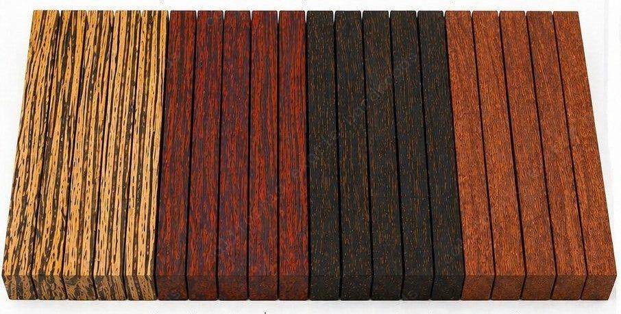 Exotic Wood Turning Blanks Combo Pack – 2" x 2" x 18" (20 Pieces | 4 Species)