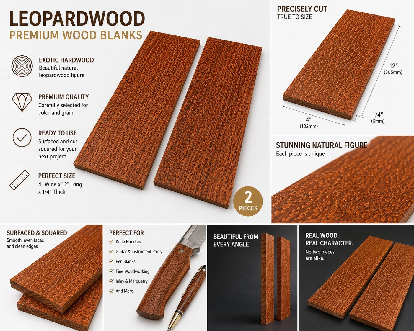 2 Pieces Gorgeous Leopardwood Boards – 4" Wide x 12" Long x 1/4" Thick Exotic Hardwood Lumber