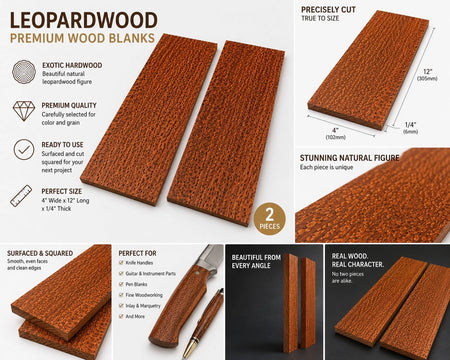 2 Pieces Gorgeous Leopardwood Boards – 4" Wide x 12" Long x 1/4" Thick Exotic Hardwood Lumber