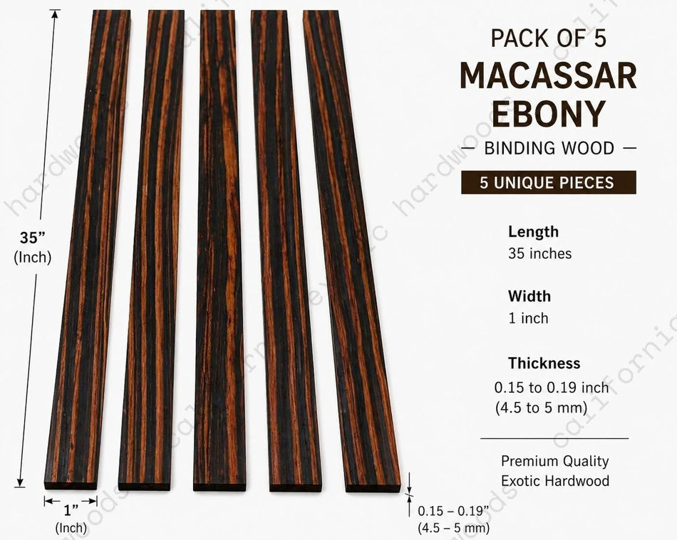 Pack of 5 Macassar Ebony Binding Wood Strips – 35" Exotic Wood for Guitar & Fine Woodworking