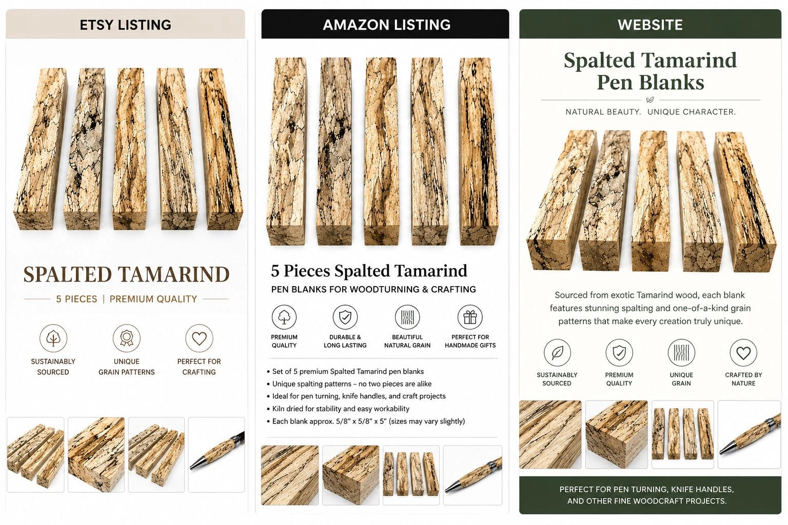 5 Pieces Stunning Spalted Tamarind Pen Blanks – 3/4" x 3/4" x 6" Premium Exotic Wood for Pen Turning