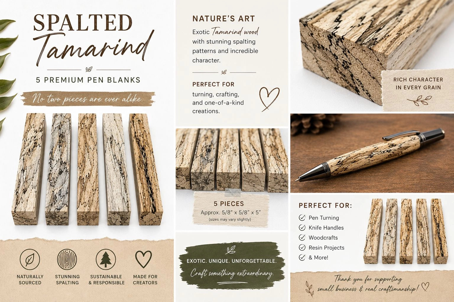 5 Pieces Stunning Spalted Tamarind Pen Blanks – 3/4" x 3/4" x 6" Premium Exotic Wood for Pen Turning