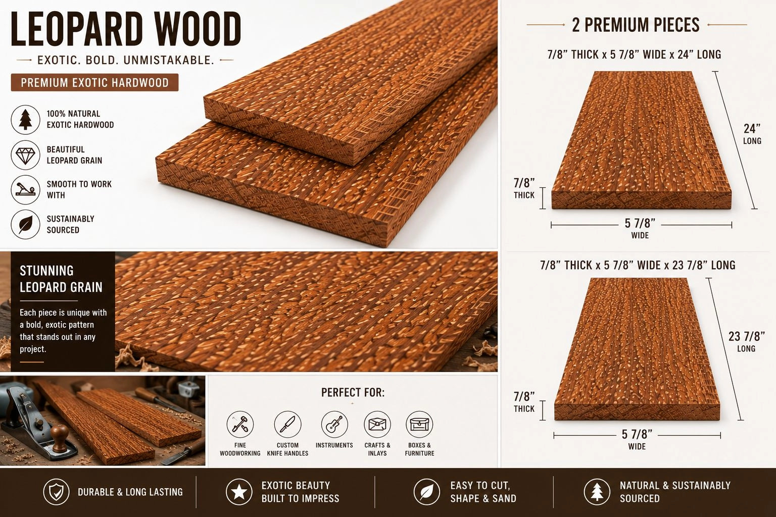 7/8” Leopard Wood Exotic Lumber (2PCS) – Kiln Dried Premium Hardwood Boards