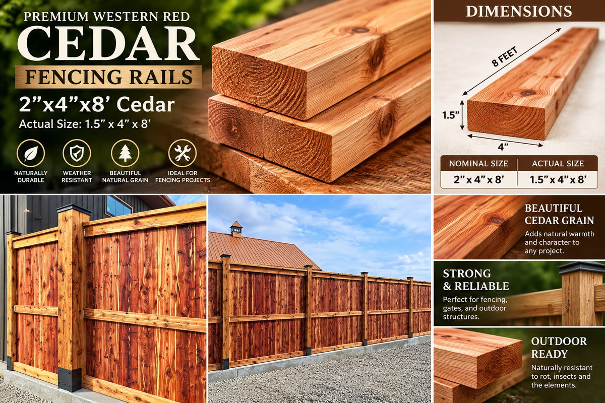 A composite product graphic for premium western red cedar fencing rails. The collage shows close-up stacks of reddish-brown cedar lumber, a dimensions panel with 8-foot length and 2x4x8 actual size, outdoor fence installations in a yard, and text callouts for dimensions, cedar grain, strength, and outdoor readiness.