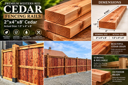 A composite product graphic for premium western red cedar fencing rails. The collage shows close-up stacks of reddish-brown cedar lumber, a dimensions panel with 8-foot length and 2x4x8 actual size, outdoor fence installations in a yard, and text callouts for dimensions, cedar grain, strength, and outdoor readiness.