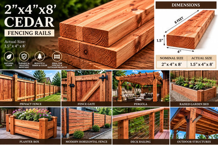 A composite product listing graphic for cedar fencing rails. The main visual is a close-up stack of cedar fence rails with text reading 2"x4"x8' CEDAR FENCING RAILS and actual size 1.