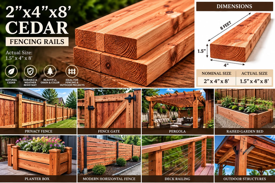 A composite product listing graphic for cedar fencing rails. The main visual is a close-up stack of cedar fence rails with text reading 2"x4"x8' CEDAR FENCING RAILS and actual size 1.