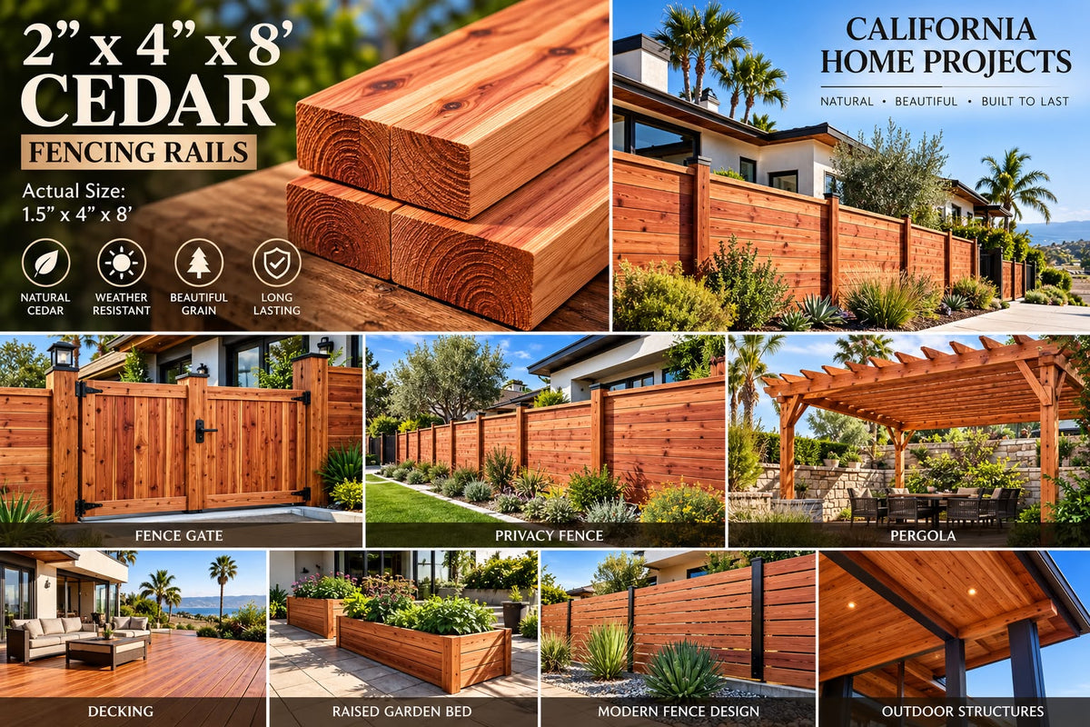 A promotional collage for cedar fencing rails showing large wood fence panels, installed fences around houses, a pergola, decking, garden beds, and privacy fencing. Text highlights dimensions, natural cedar quality, weather resistance, and California home projects.