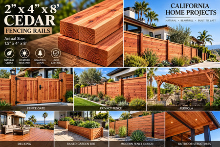 A promotional collage for cedar fencing rails showing large wood fence panels, installed fences around houses, a pergola, decking, garden beds, and privacy fencing. Text highlights dimensions, natural cedar quality, weather resistance, and California home projects.