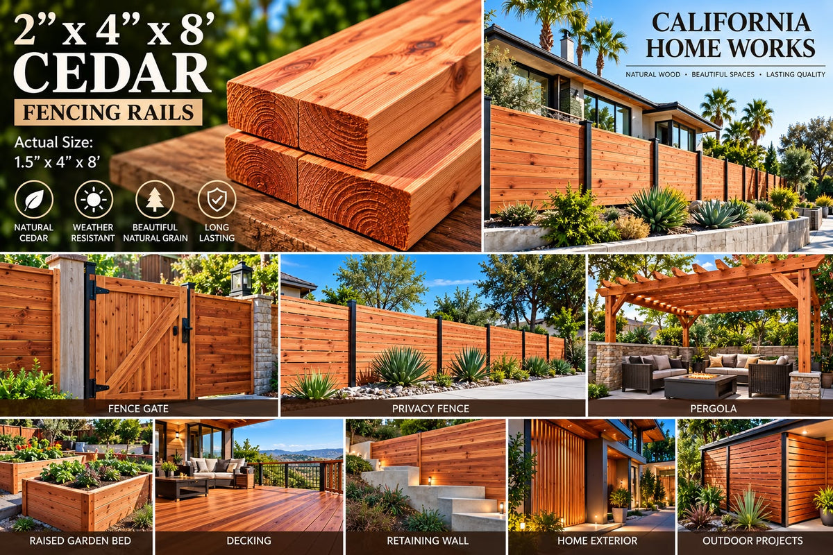 A collage of outdoor scenes showing a cedar fencing rail product installed on properties, alongside stacked fencing boards and text reading '2" x 4" x 8" Cedar Fencing Rails' and 'California Home Works.' The image includes multiple panels with houses, patios, pergolas, raised garden beds, decks, and privacy fences.