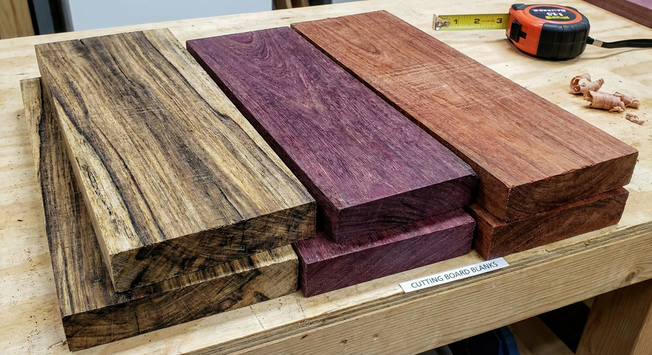 Combo of 15 , 3/4" Lumber Boards | Cutting Board Blocks | Black limba , Purple Heart, Blood Wood