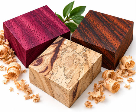 Three 6x6x2 inch kiln-dried exotic wood bowl blanks arranged with wood curls and green leaves, highlighting the deep purple tone of Purpleheart, ink-like lines of Spalted Tamarind, and rich reddish-brown grain of Granadillo.