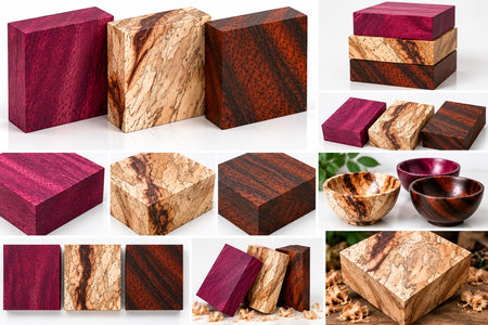 Three 6x6x2 inch kiln-dried exotic wood bowl blanks arranged with wood curls and green leaves, highlighting the deep purple tone of Purpleheart, ink-like lines of Spalted Tamarind, and rich reddish-brown grain of Granadillo.
