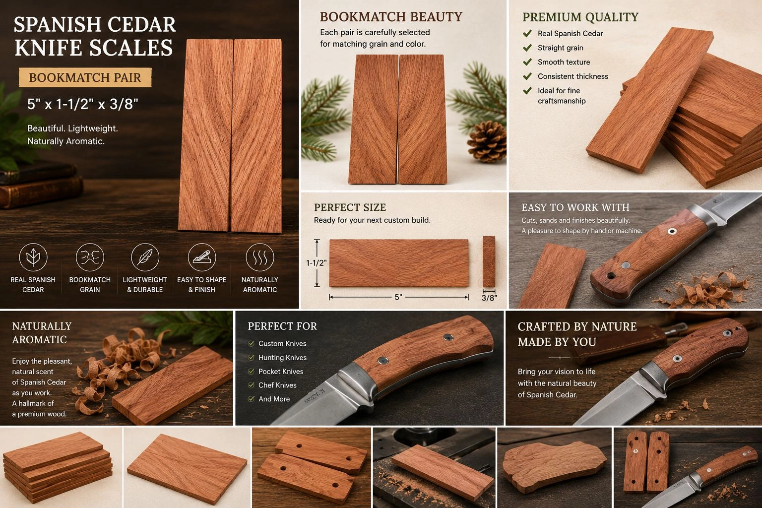 Curly Spanish Cedar Knife Scales – Premium Figured Exotic Hardwood Handle Blanks 5" x 1-1/2" x 3/8"