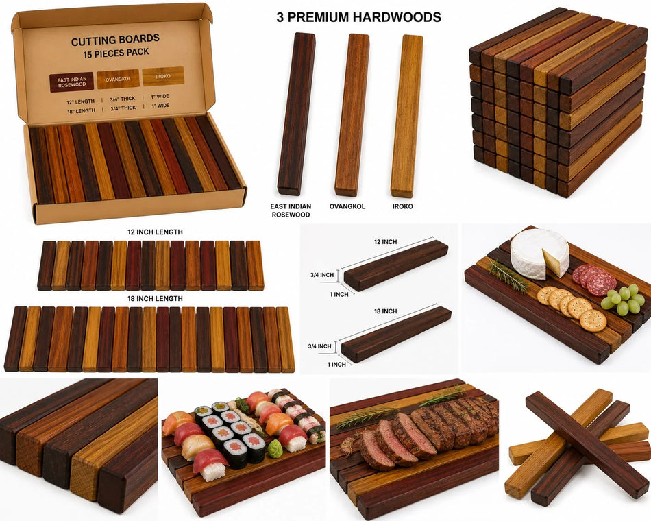 15-Piece Wood Combo Pack: East Indian Rosewood, Ovangkol, and Iroko Cutting Boards