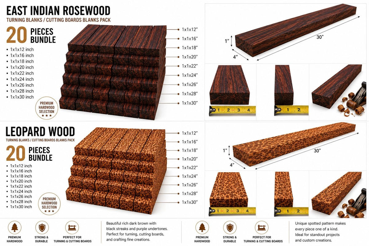 East Indian Rosewood & Leopardwood Wood Blanks – Exotic Hardwood Combo Pack (10 Pieces)