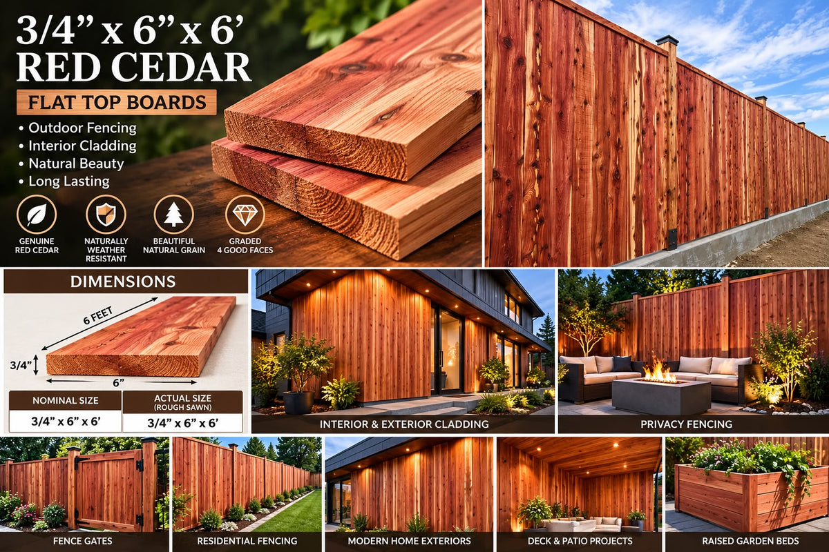 A composite marketing graphic for red cedar flat top fence boards. The layout shows large photos of a wooden fence installed on a property, close-up stacks of red cedar boards, dimension callouts for a 3/4 x 6 x 6 panel, and multiple labeled use cases including outdoor fencing, interior/exterior cladding, privacy fencing, fence gates, residential fencing, modern home exteriors, deck and patio projects, and raised garden beds.