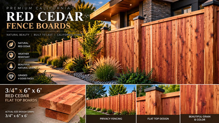 Red Cedar fence boards shown in a promotional collage with a wooden fence installed around a garden and house, plus stacked lumber and feature icons. Text reads 'Premium California Red Cedar Fence Boards' and dimensions are 3/4 x 6 x 6 feet.