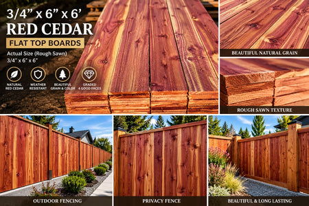 A six-panel collage showcasing red cedar flat top fence boards. The panels feature close-up views of the natural wood grain, rough sawn texture, and stacked boards, alongside outdoor installation examples of a privacy fence.