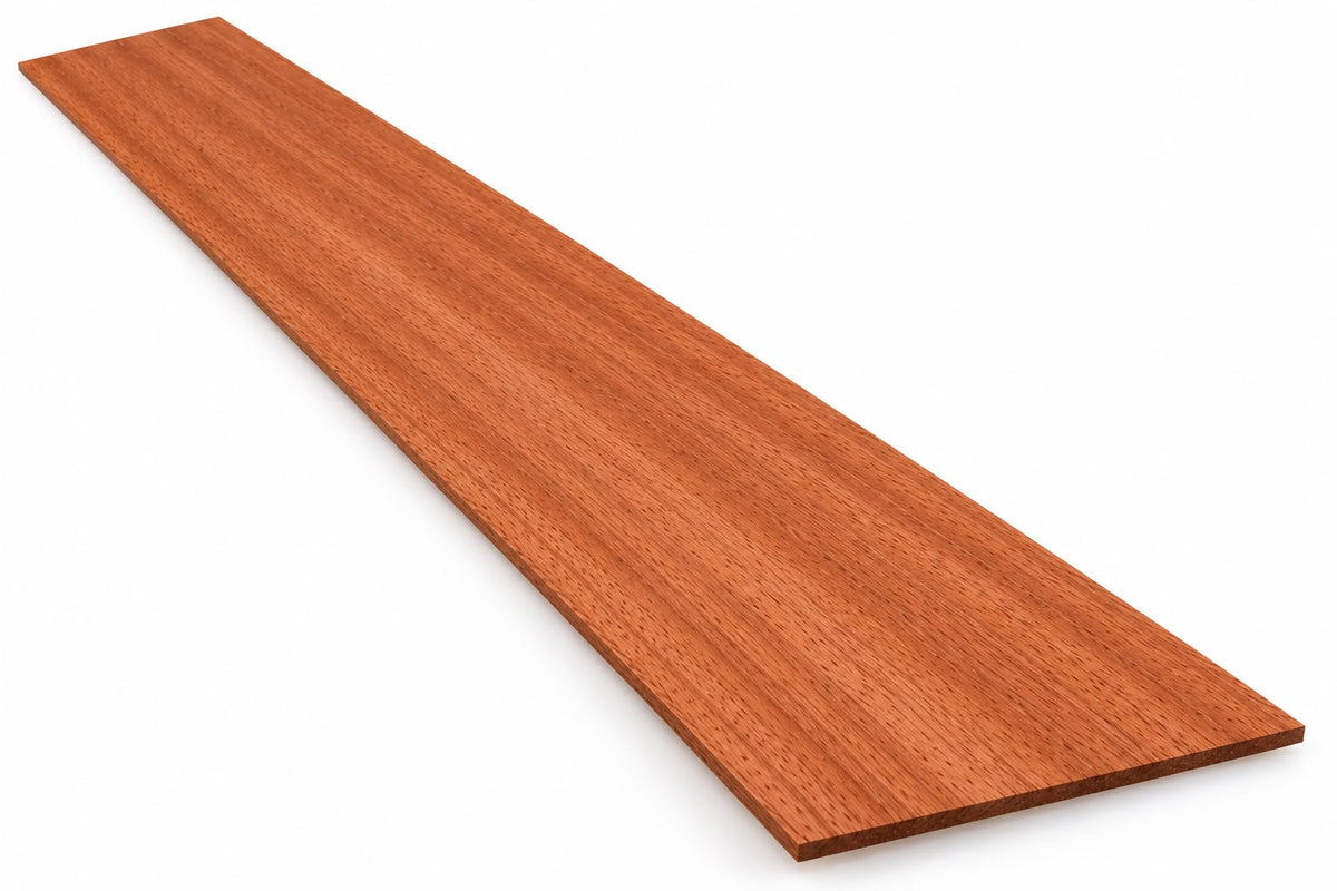 A long rectangular wood veneer or laminate sample board with a warm reddish-brown wood grain, shown diagonally on a plain white background.