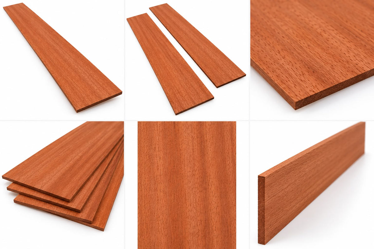 Six-panel product collage showing reddish-brown wood planks from multiple angles, including close-up texture views and stacked boards, on a white background.