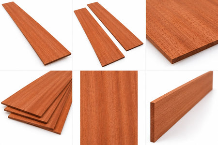 Six-panel product collage showing reddish-brown wood planks from multiple angles, including close-up texture views and stacked boards, on a white background.