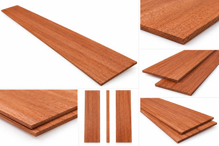 A collage of product photos showing reddish-brown wood planks with visible grain, including a long single plank, stacked planks, and close-up detail views on a white background.