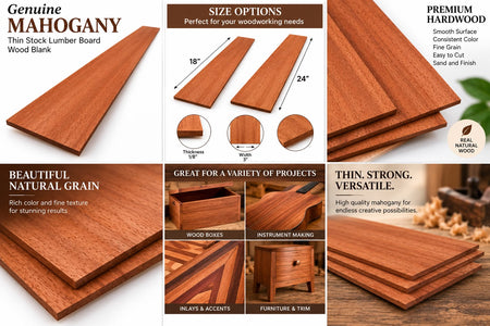 A promotional collage for mahogany wood blank sheets, showing multiple wood slices in a warm reddish-brown tone with text panels about size options, thickness, grain, and uses for woodworking projects.