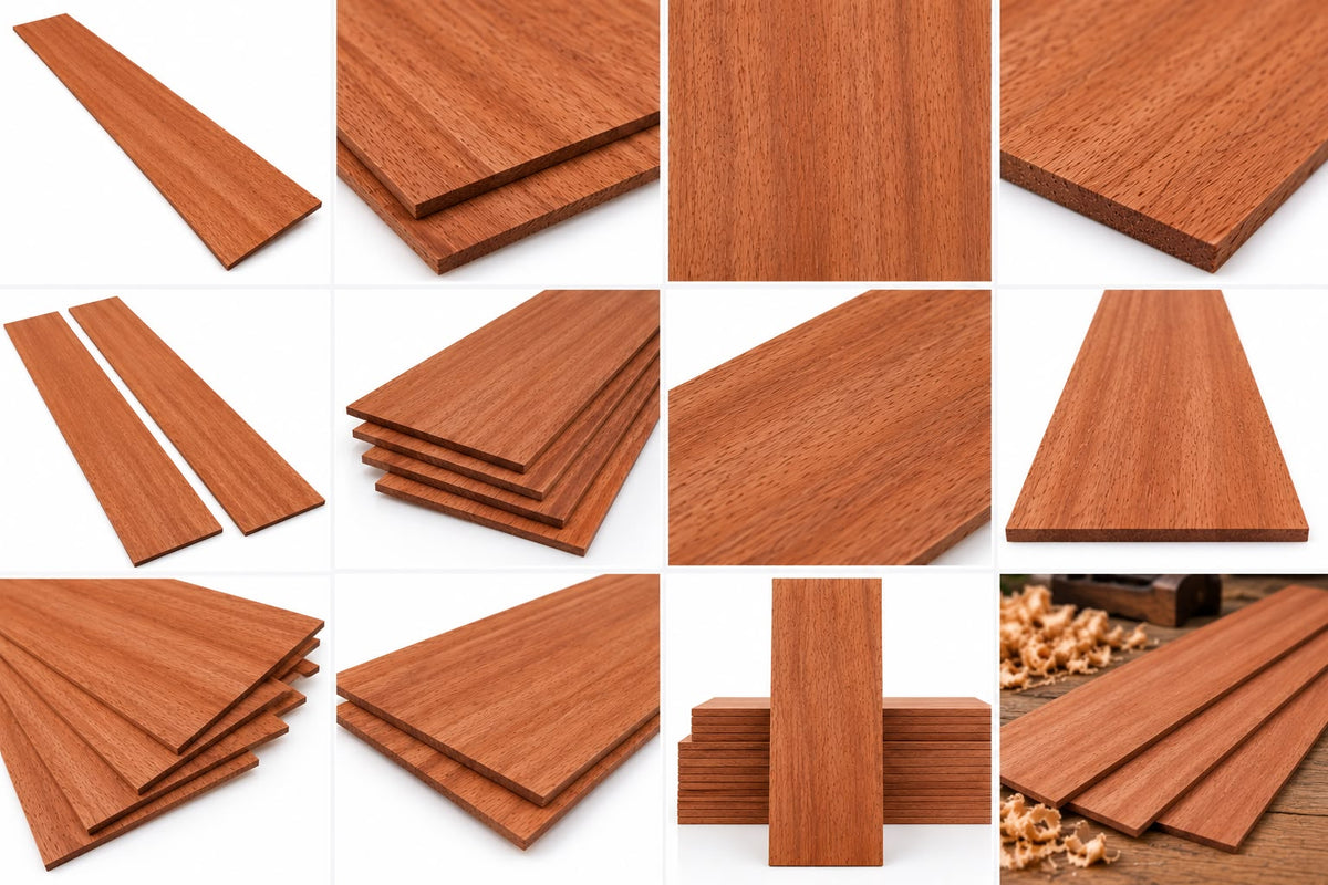 A collage of multiple views and stacks of reddish-brown wood planks with visible grain, shown on a white background with one panel featuring a small wood shavings detail.