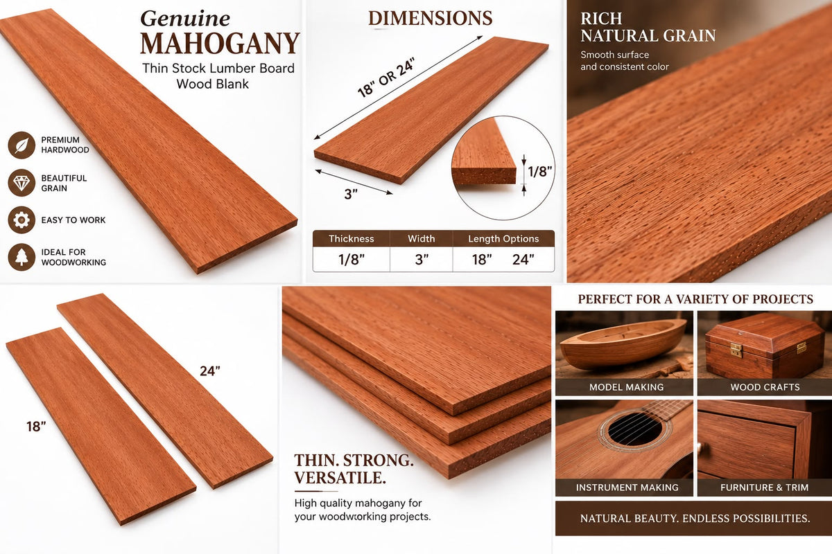 A product information collage for mahogany wood blank lumber. The image features multiple wood slices showing the rich reddish-brown grain, dimensions (18" or 24" length, 3" width, 1/8" to 1/4" thickness), and several small application examples including model making, wood crafts, and instrument making.