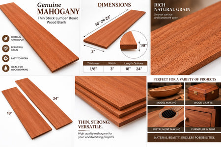 A product information collage for mahogany wood blank lumber. The image features multiple wood slices showing the rich reddish-brown grain, dimensions (18" or 24" length, 3" width, 1/8" to 1/4" thickness), and several small application examples including model making, wood crafts, and instrument making.