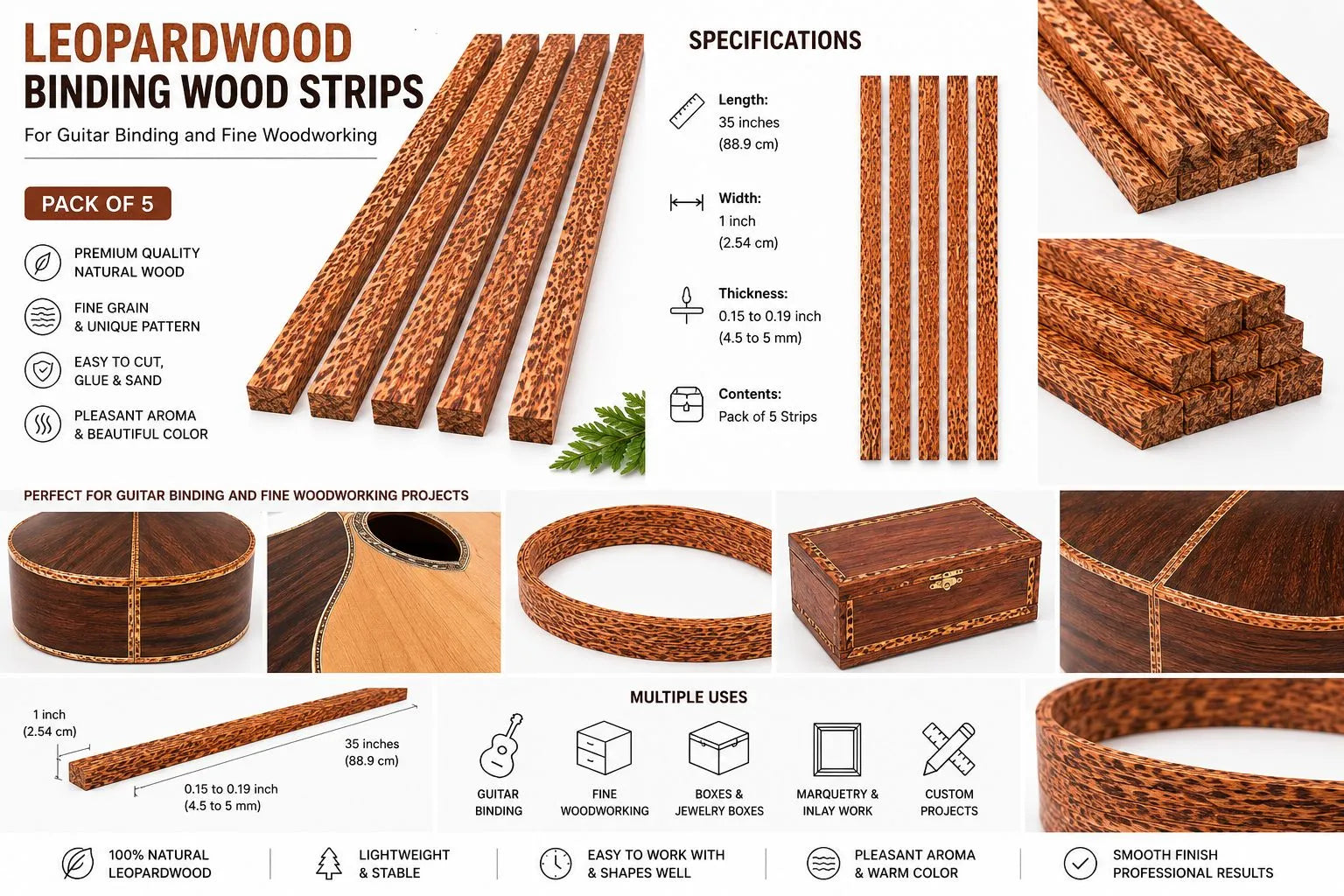 Pack of 5 Leopardwood Binding Wood Strips – Exotic Figured Wood for Guitar & Luthier Projects