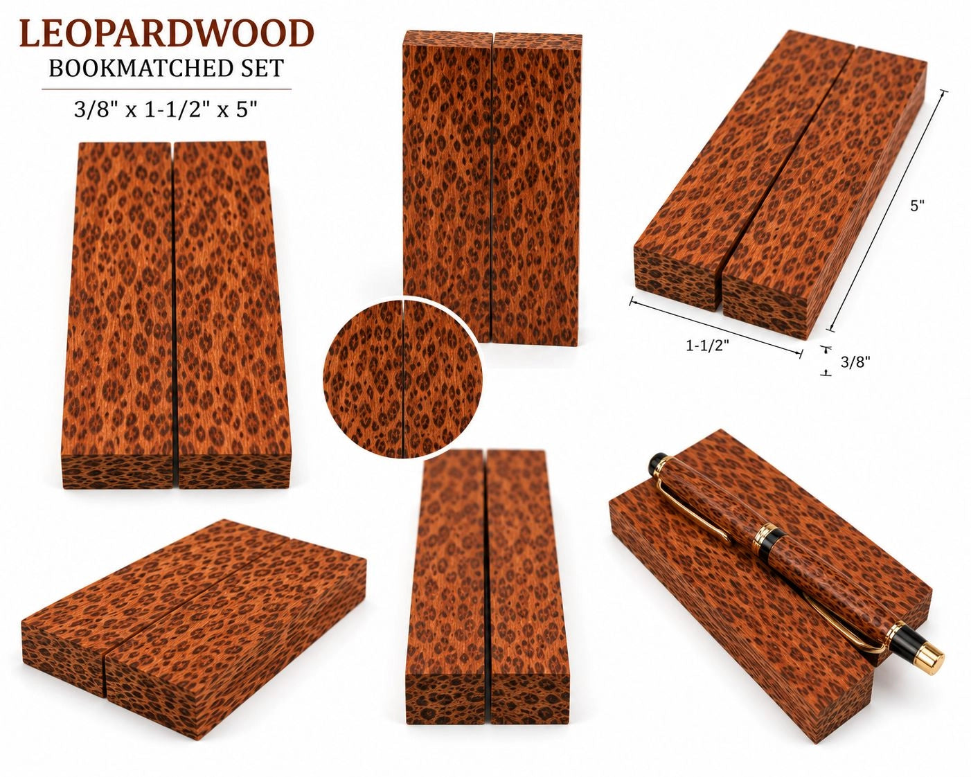 Leopardwood Bookmatched Set Knife Handle Blanks – 3/8" x 1-1/2" x 5"