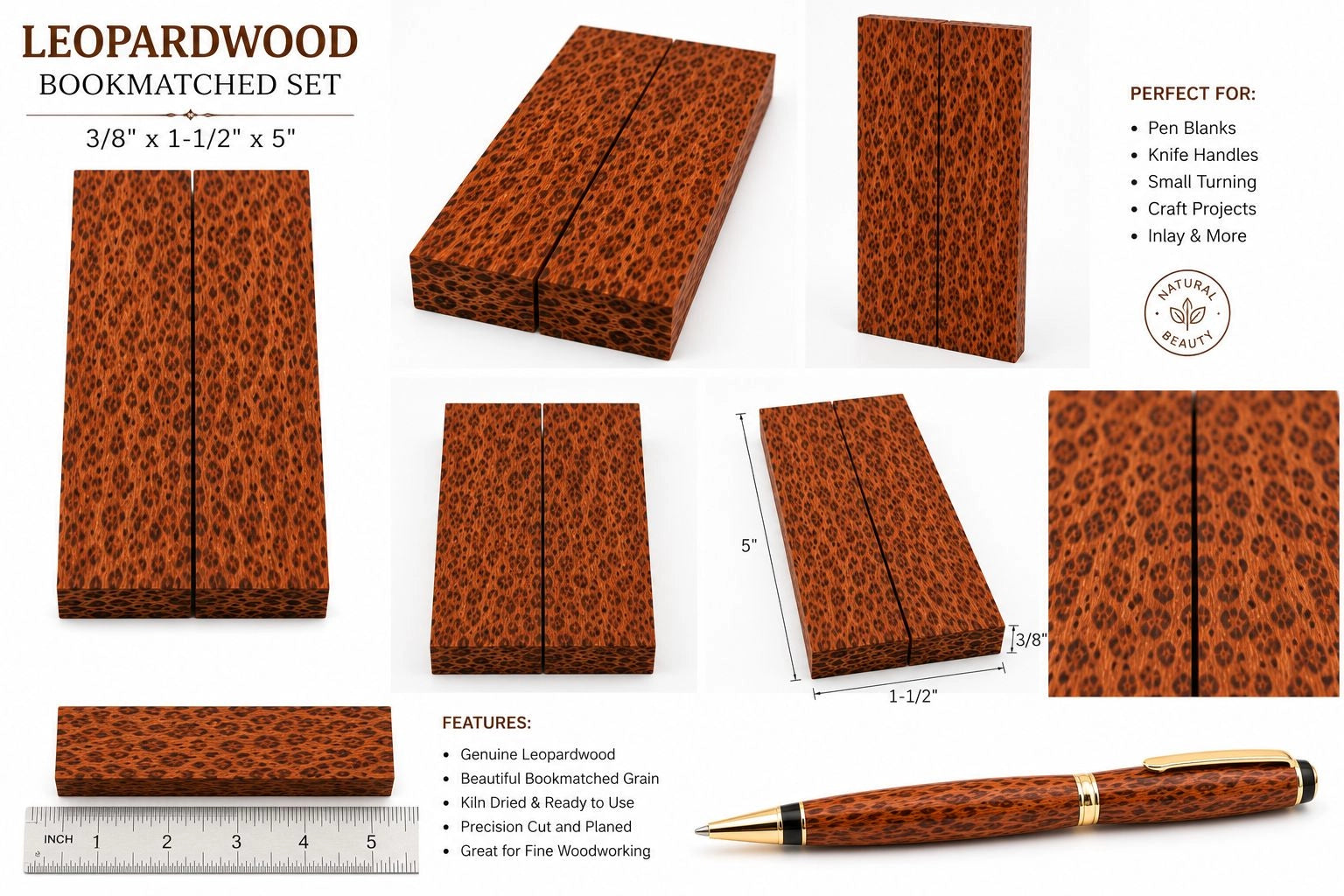 Leopardwood Bookmatched Set Knife Handle Blanks – 3/8" x 1-1/2" x 5"