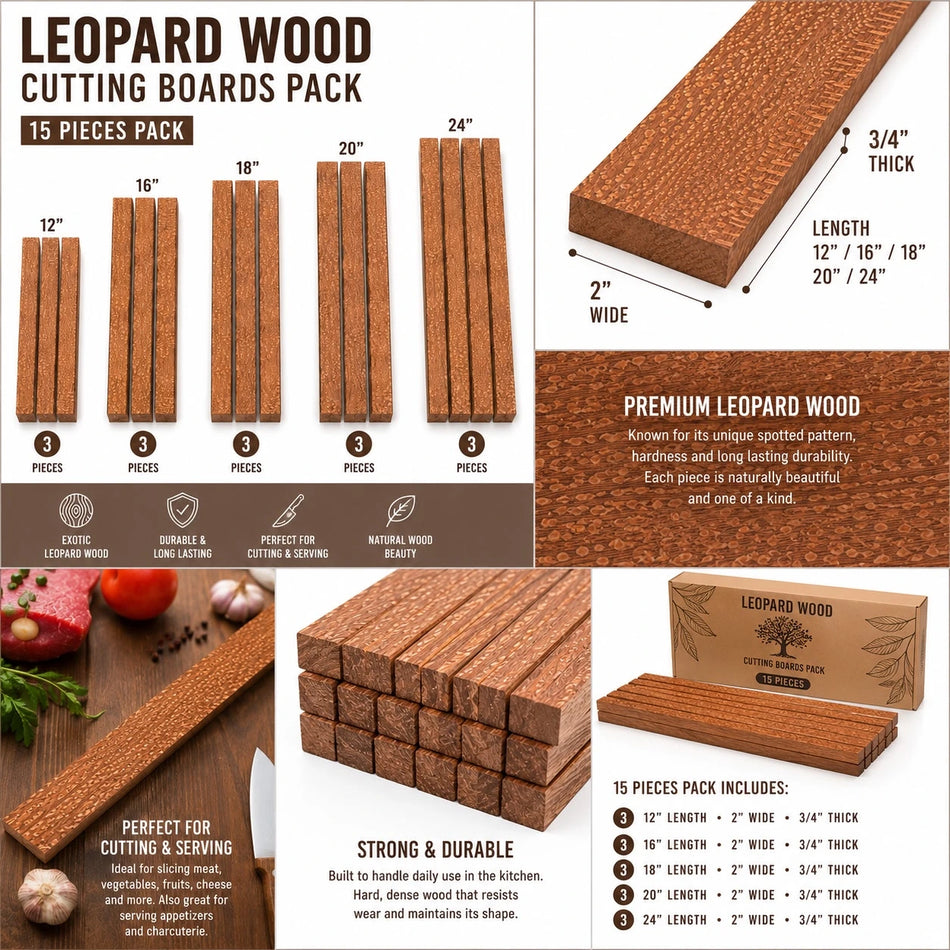 Leopardwood Cutting Board Lumber Pack – 15 Pieces