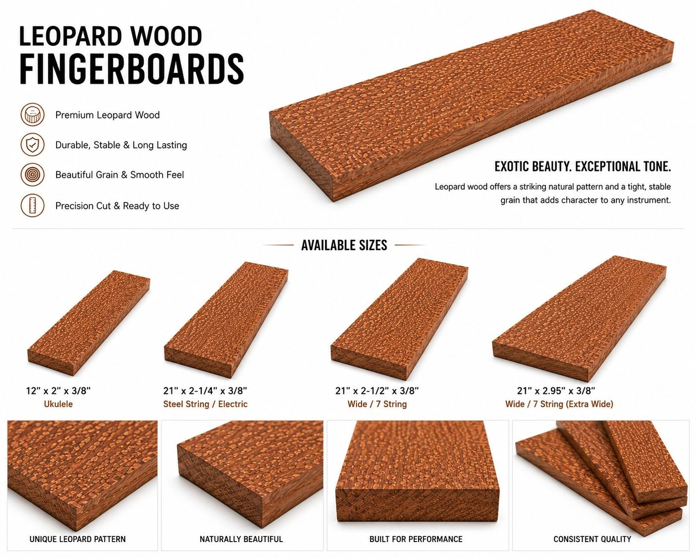 Leopardwood Fingerboard Blank – Exotic Hardwood Guitar Fingerboard