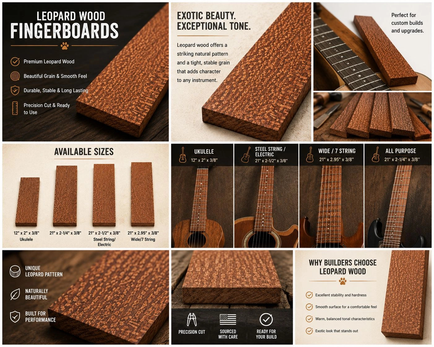 Leopardwood Fingerboard Blank – Exotic Hardwood Guitar Fingerboard