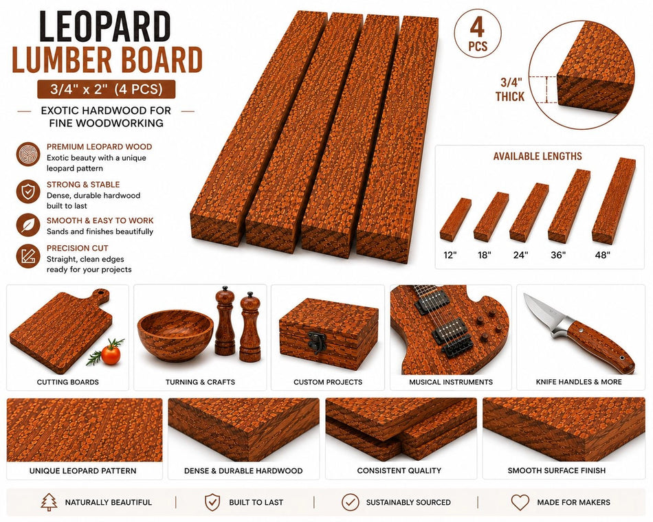 Leopardwood Lumber Board – 3/4" x 2" (4 Piece Set)