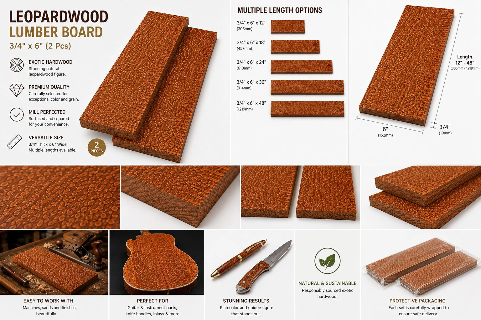 Leopardwood Lumber Boards – 3/4" x 6" (2 PCS) Exotic Hardwood Lumber