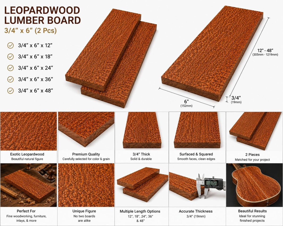 Leopardwood Lumber Boards – 3/4" x 6" (2 PCS) Exotic Hardwood Lumber