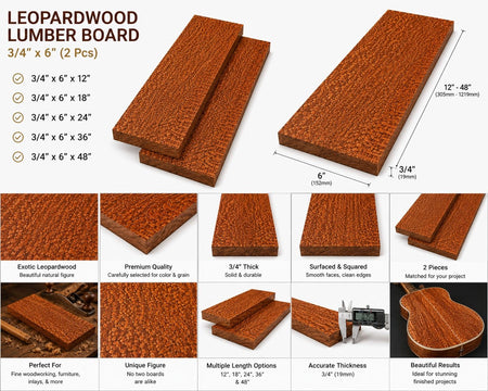 Leopardwood Lumber Boards – 3/4" x 6" (2 PCS) Exotic Hardwood Lumber