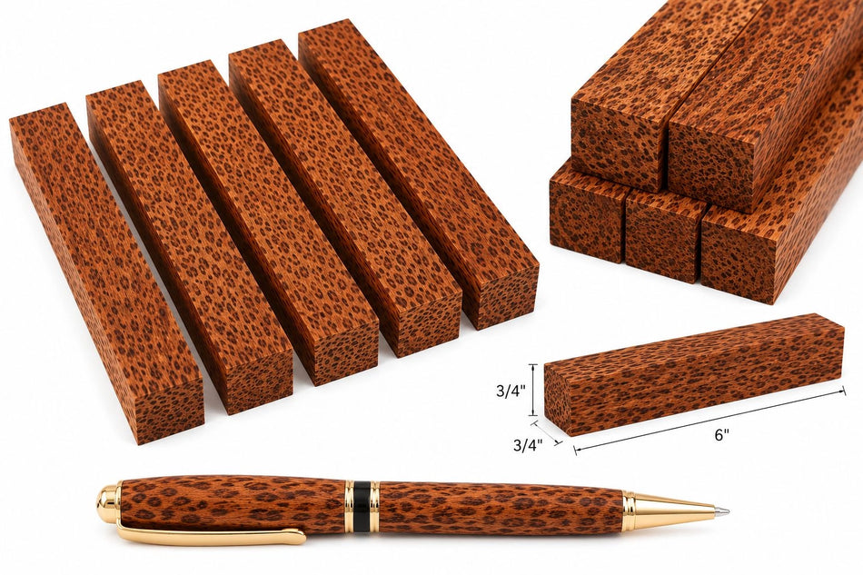 Leopardwood Pen Blanks – 3/4" x 3/4" x 6" (5 Piece Set) | Exotic Wood Turning Blanks for Pens, Crafting & Woodworking
