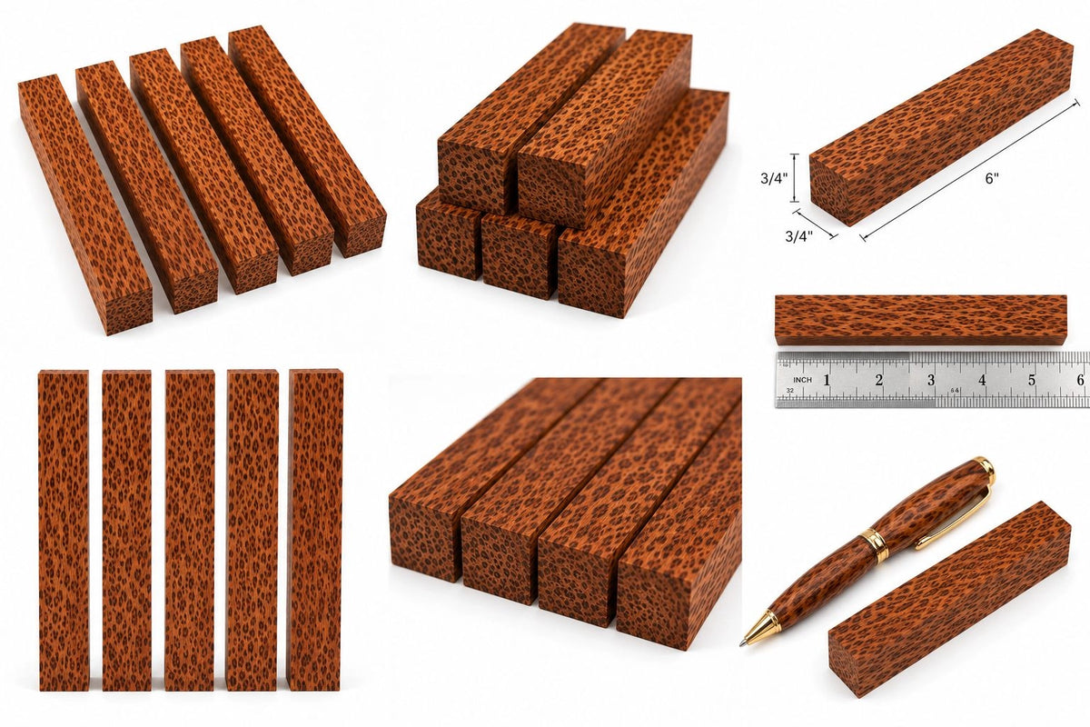 Leopardwood Pen Blanks – 3/4" x 3/4" x 6" (5 Piece Set) | Exotic Wood Turning Blanks for Pens, Crafting & Woodworking